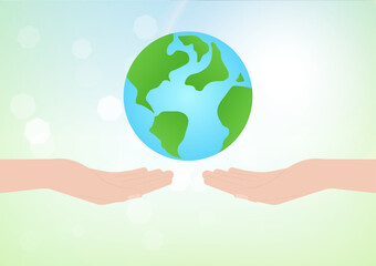 Hand Holding Earth Logo Symbol. Save the World. Save Energy. Eco Friendly and Green Energy Concept.
