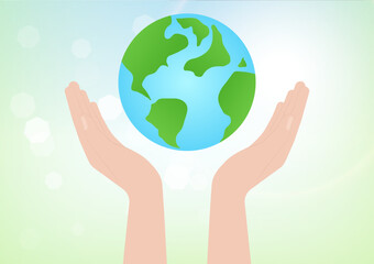 Hand Holding Earth Logo Symbol. Save the World. Save Energy. Eco Friendly and Green Energy Concept.