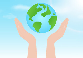 Hand Holding Earth Logo Symbol. Save the World. Save Energy. Eco Friendly and Green Energy Concept.