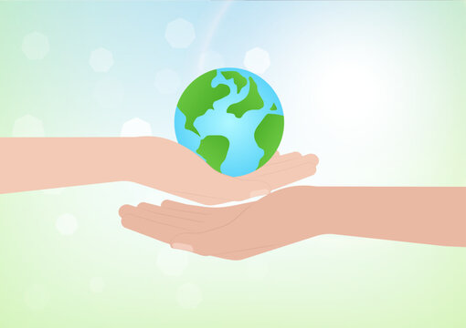 Hand Holding Earth Logo Symbol. Save the World. Save Energy. Eco Friendly and Green Energy Concept.
