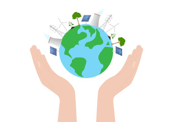 Hand Holding Earth Logo Symbol. Save the World. Save Energy. Eco Friendly and Green Energy Concept.