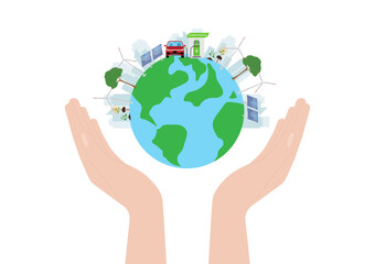 Hand Holding Earth Logo Symbol. Save the World. Save Energy. Eco Friendly and Green Energy Concept.