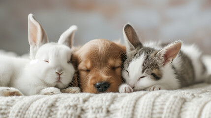 Furry Friends: A Puppy, Rabbit, and Cat Enjoying a Relaxing Moment