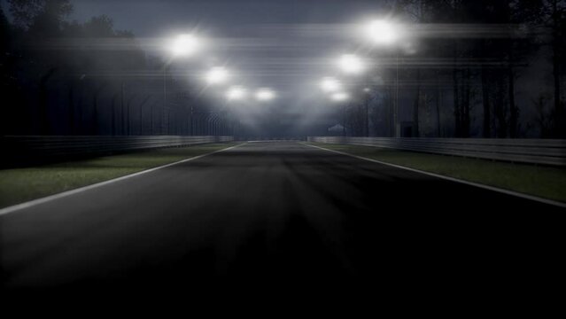 Modern racing car racing on a speedway at night
