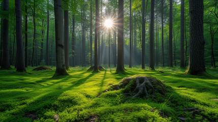 Fototapeta na wymiar Morning in the forest, Green forest panorama scenery with sunlight, Ai generated image