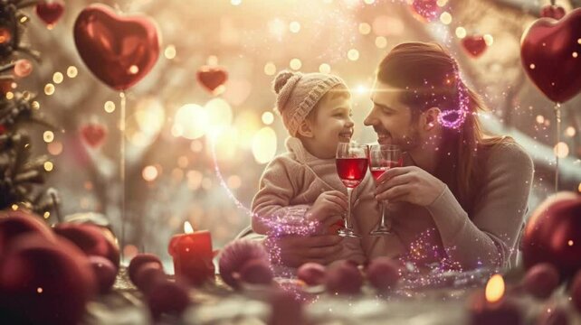 Father and son celebrate Valentine's Day without their mother. seamless looping time-lapse virtual 4k video Animation Background.