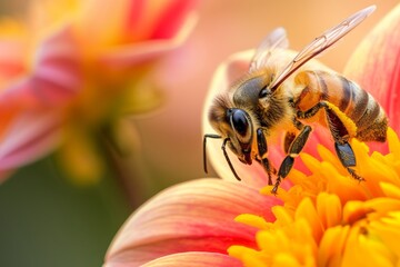 Fototapeta premium Honeybee Pollinating Vibrant Flowers, Macro shot of a honeybee covered in pollen, foraging on vivid flowers with a beautiful bokeh background.