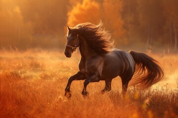 Majestic Horse Galloping in Autumn Field, An elegant brown horse with flowing mane gallops freely across a golden autumn field, bathed in warm sunset light.