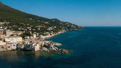 Fototapeta na wymiar Drone photographie genoise tower and seaport at Erbalunga in Cap Corse 