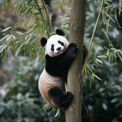 Obraz premium A panda effortlessly ascends a bamboo tree, displaying agility