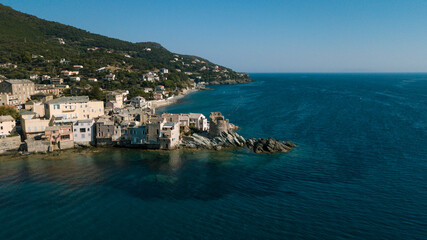 Fototapeta na wymiar Drone photographie genoise tower and seaport at Erbalunga in Cap Corse 