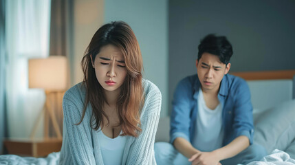 Unhappy - stressful Asian woman sitting and crying on the bed while her husband sleeping, a family and post marriage problem. Arguing Asian young couple with bad - negative relationship.