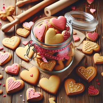 Homemade cookies in the shape of hearts in a glass jar, wooden background. The concept of Valentine's Day