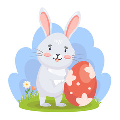 Cartoon easter Gray Bunny pushes decorated egg on glade. Cute baby rabbit character holiday symbol. Vector illustration