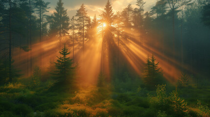 Morning in the forest, Sunrise in the forest, Sun rays in the forest, Mist in forest with sunbeam rays, Woods landscape, Ai generated image
