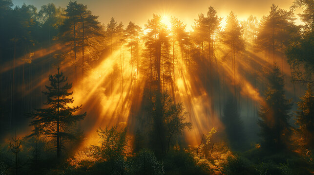 Sunrise in the forest, Sun rays in the forest, Mist in forest with sunbeam rays, Woods landscape, Ai generated image