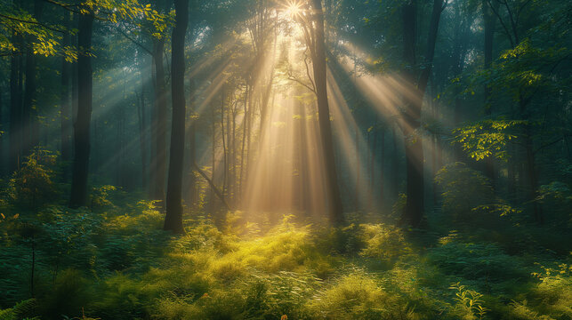 Sun rays in the forest, Mist in forest with sunbeam rays, Woods landscape, Ai generated image