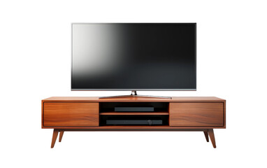 The sleek modern TV stand with a television shines on a white background.
