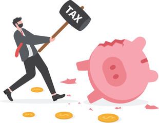 Tax planning mistake, pay a lot of money for income tax causing money loss impact saving plan concept, broken pink piggy bank and money coins pouring out with the evidence of hammer with the word Tax.
