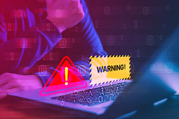 System warning hacked alert, Cybersecurity vulnerability, Cyberattack on computer network. Illegal...