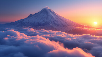 Fototapeta na wymiar Sunset in the mountains, Snow covered mountains in winter, Mountain in the clouds, Ai generated image