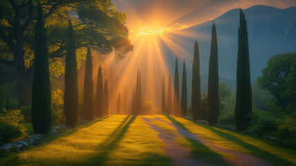 Sunrise in the forest, Path in sunburst rays of light. Green spring grass with cypress trees, Ai generated image