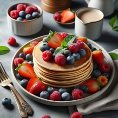 Plate of delicious thin pancakes with berries on grey table Copy space