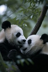 Fototapeta premium Two pandas share a moment of connection and companionship