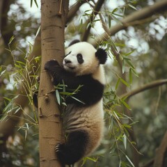 Obraz premium A panda effortlessly ascends a bamboo tree, displaying agility