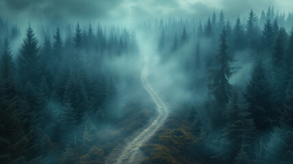 Fog in the mountains, path in the moody dark coniferous forest , Ai generated image