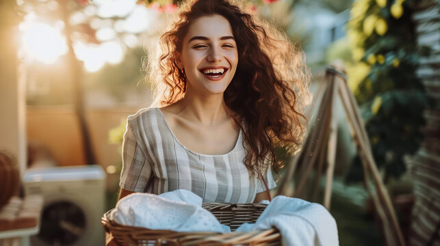 Happy woman holding laundry basket.