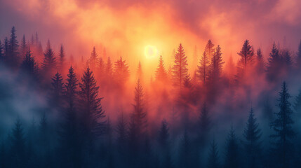 sunrise in the forest, silhouettes of lonely pine trees in the autumn fog at sunset, freedom and silence of nature wild forest in sunset colors, Ai generated image