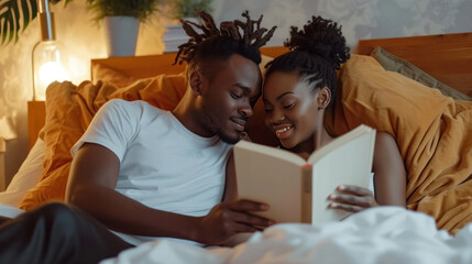 Young calm african loving couple girl guy in white t-shirts reading book lying on bed under blanket...