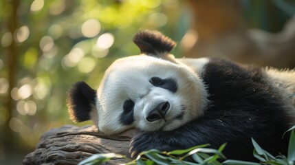 Obraz premium An adult panda peacefully sleeps, cradled by nature's tranquility.