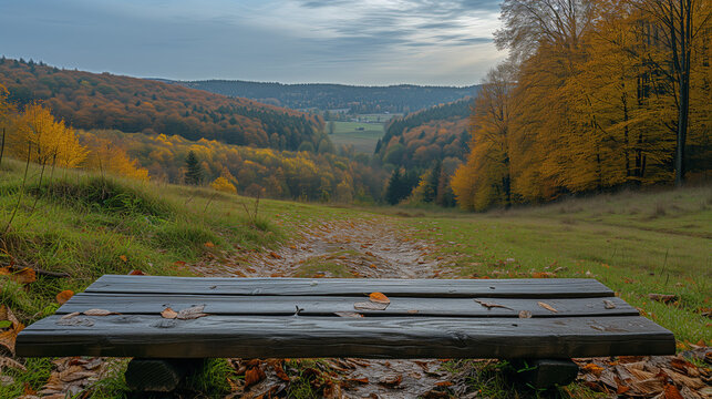 Bench in autumn park, Picnic area on the hill in Central Bohemian Uplands, Ai generated image