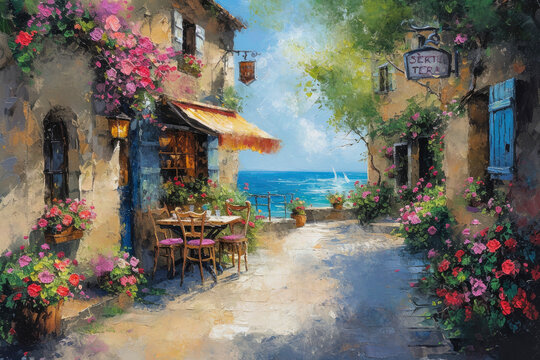 An idyllic french cottage cafe by the sea in an impressionist oil and acrylic style painting 