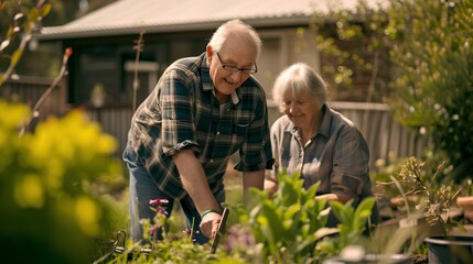 Happy grandfather and grandmother gardening together in the garden of a small suburban house. generative AI