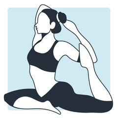 Line illustration of a woman in a yoga pose with blue tone and shadow