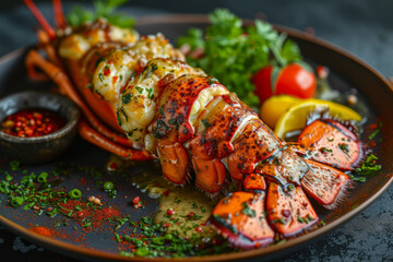 Perfectly cooked garlic butter lobster tails with parley baked on dark plate.