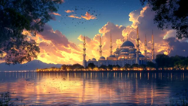 Beautiful majestic mosque for ramadan background and other Islamic themes. seamless looping 4k time-lapse animation video background