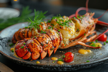 Perfectly cooked garlic butter lobster tails with parley baked on dark plate.