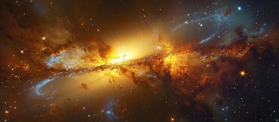 Galaxies combining and exchanging matter, forming a merger with interstellar gas and numerous stars.