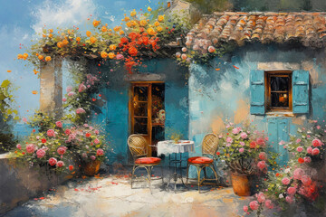 An idyllic french cottage cafe by the sea in an impressionist oil and acrylic style painting 