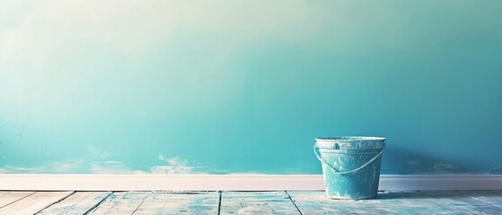 A bucket of paint in front of an unfinished blue painted wall, renovation