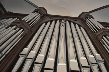 Organ in the Church - Historic - Pipe - Closeup - Concept - Old - Detail - Instrument - Classical  - Music  - obrazy, fototapety, plakaty