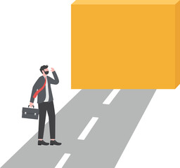 Business barrier, obstacle or difficulty, road block or career struggle, trouble or problem to be solved, prohibited or dead end concept, confused businessman walk on the road to brick wall barrier.

