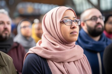 Portrait pensive thoughtful serious beautiful Arabian ethnic Muslim hijab woman female student lady girl businesswoman in glasses standing listening seminar learning blurred crowd outdoors city street
