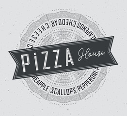 Poster featuring slices of various pizzas, chicken, seafood, pepperoni, cheese, margherita with recipes and names showcased in pizza house lettering, drawn on a grey background.
