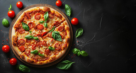 Margarita pizza with mozzarella cheese, cherry tomatoes on black stone background, copy space for your text