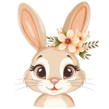 Face of easter bunny with eggs and flowers, isolated on white or transparent background, png